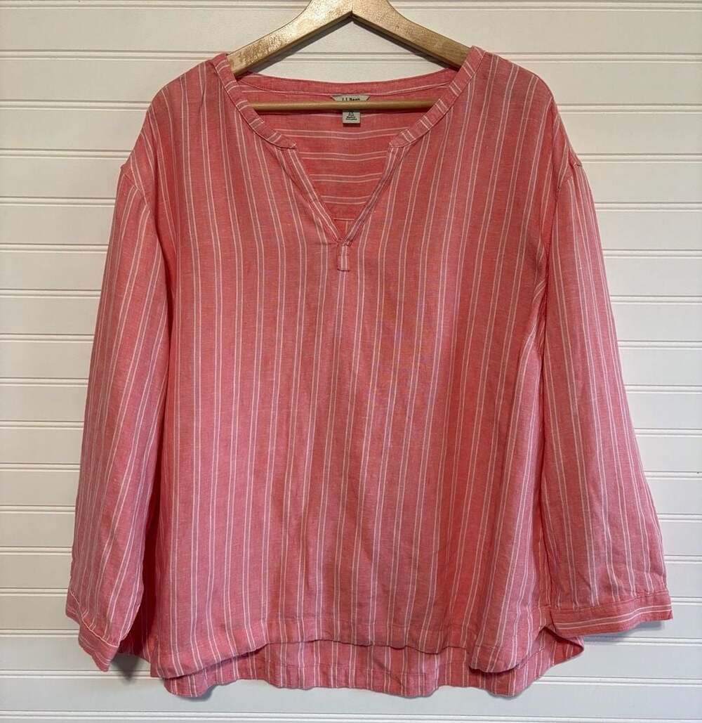 L.L.Bean 100% Linen Striped V-Neck Pullover Top Women's 2X Plus